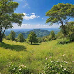 A stunning, high-resolution image of an idyllic natural landscape, showcasing lush greenery, blooming flowers, and clear blue skies, teeming with natural beauty and tranquility.