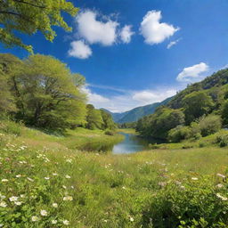 A stunning, high-resolution image of an idyllic natural landscape, showcasing lush greenery, blooming flowers, and clear blue skies, teeming with natural beauty and tranquility.