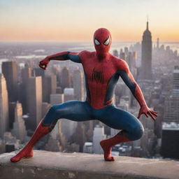 Spiderman in dynamic action pose against New York's skyline at sunset