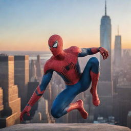 Spiderman in dynamic action pose against New York's skyline at sunset