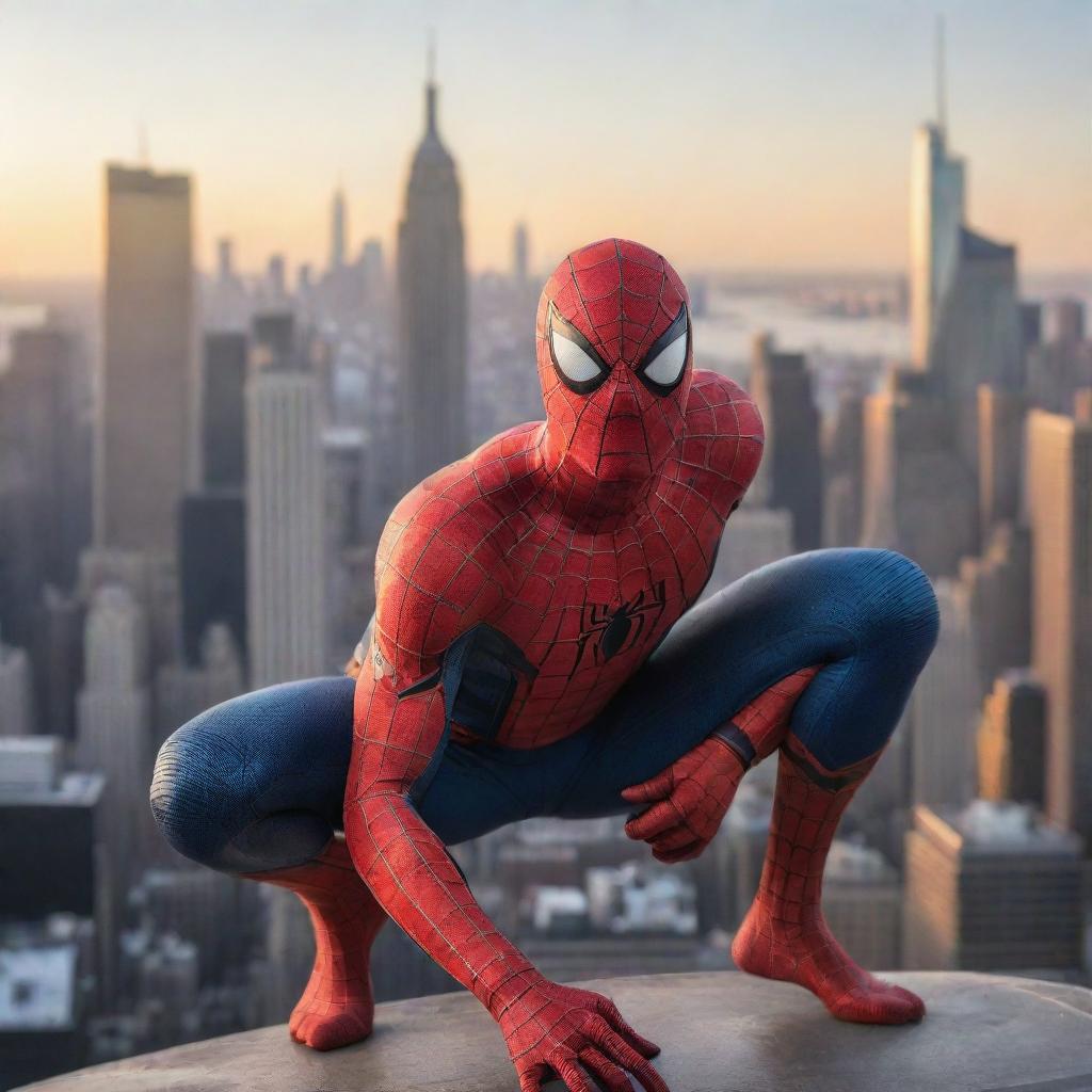 Spiderman in dynamic action pose against New York's skyline at sunset