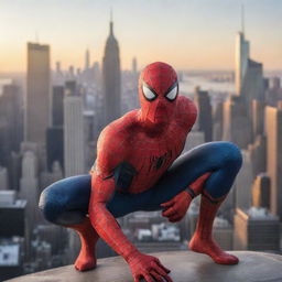 Spiderman in dynamic action pose against New York's skyline at sunset