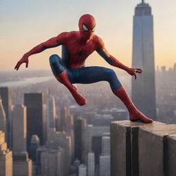 Spiderman in dynamic action pose against New York's skyline at sunset