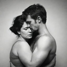 A man and a woman hugging, their expressions filled with complexity, portraying the tension and toxicity of their relationship. The atmosphere reflects a feeling of unease, conflict and disquiet.