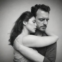 A man and a woman hugging, their expressions filled with complexity, portraying the tension and toxicity of their relationship. The atmosphere reflects a feeling of unease, conflict and disquiet.