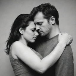 A man and a woman hugging, their expressions filled with complexity, portraying the tension and toxicity of their relationship. The atmosphere reflects a feeling of unease, conflict and disquiet.