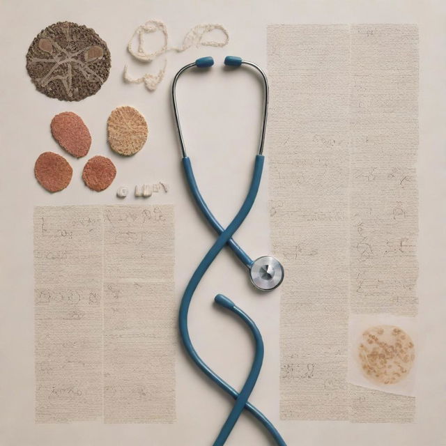 An artistically represented display of oncology symbols. Including DNA strands, microscopic views of cancer cells, stethoscope, and medical reports.