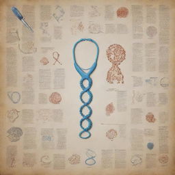 An artistically represented display of oncology symbols. Including DNA strands, microscopic views of cancer cells, stethoscope, and medical reports.