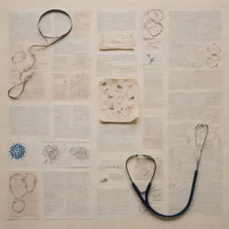 An artistically represented display of oncology symbols. Including DNA strands, microscopic views of cancer cells, stethoscope, and medical reports.