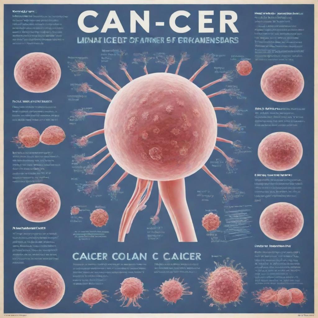 An illustrated educational poster about cancer, displaying various types of cancer cells, incidence rates, areas of the body they affect, and preventive measures, in a clear and compelling graphic design.