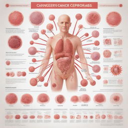 An illustrated educational poster about cancer, displaying various types of cancer cells, incidence rates, areas of the body they affect, and preventive measures, in a clear and compelling graphic design.