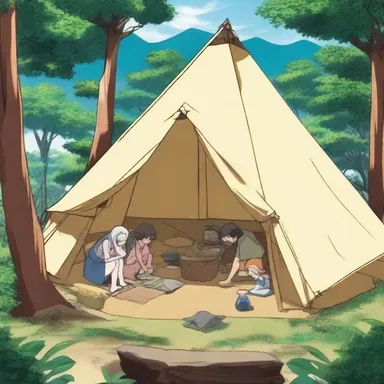 In the anime series, the main characters set up camp in a pyramidal tent while on their quest.