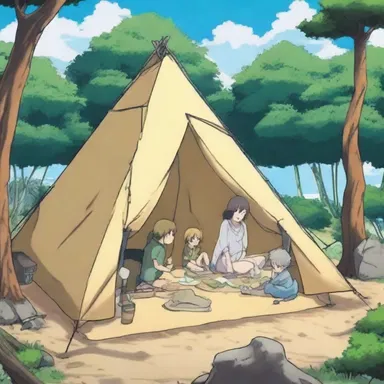 In the anime series, the main characters set up camp in a pyramidal tent while on their quest.