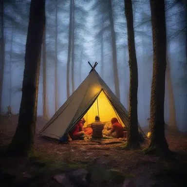 The group of adventurers took shelter in a pyramidal tent as night fell in the mystical forest.