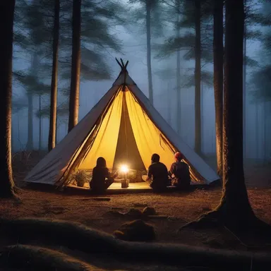 The group of adventurers took shelter in a pyramidal tent as night fell in the mystical forest.