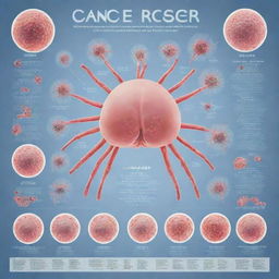 An illustrated educational poster about cancer, displaying various types of cancer cells, incidence rates, areas of the body they affect, and preventive measures, in a clear and compelling graphic design.