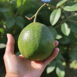 A single, ripe, melanteria fruit, or duda fruit, shimmering under soft sunlight with its intriguing green color and distinct shape.