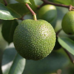 A single, ripe, melanteria fruit, or duda fruit, shimmering under soft sunlight with its intriguing green color and distinct shape.