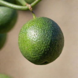 A single, ripe, melanteria fruit, or duda fruit, shimmering under soft sunlight with its intriguing green color and distinct shape.