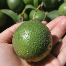 A single, ripe, melanteria fruit, or duda fruit, shimmering under soft sunlight with its intriguing green color and distinct shape.