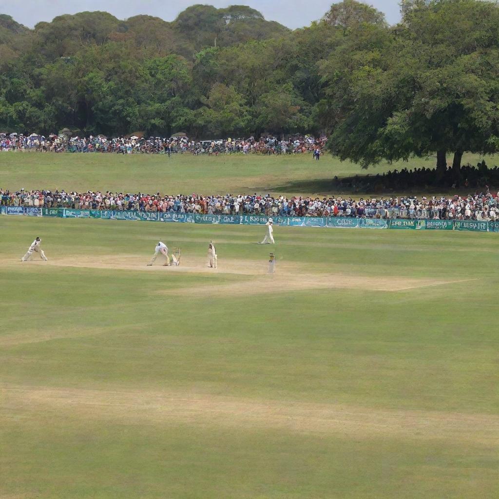 A bustling cricket tournament in full swing with teams clashing on a lush green pitch, packed stands with cheering crowds and a bright sunny day.