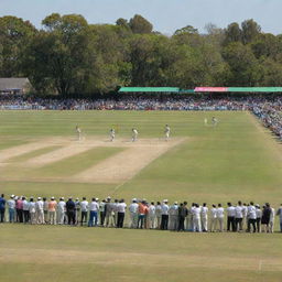 A bustling cricket tournament in full swing with teams clashing on a lush green pitch, packed stands with cheering crowds and a bright sunny day.