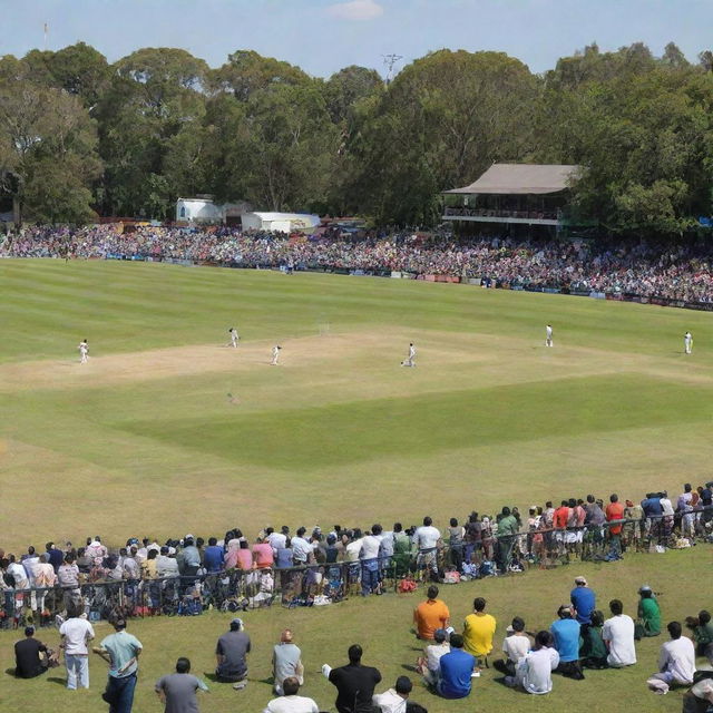 A bustling cricket tournament in full swing with teams clashing on a lush green pitch, packed stands with cheering crowds and a bright sunny day.