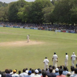 A bustling cricket tournament in full swing with teams clashing on a lush green pitch, packed stands with cheering crowds and a bright sunny day.