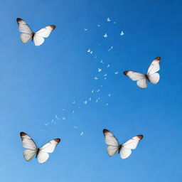 Elegant butterflies flying gracefully, forming the word 'Essence Tone' in the bright, clear sky.