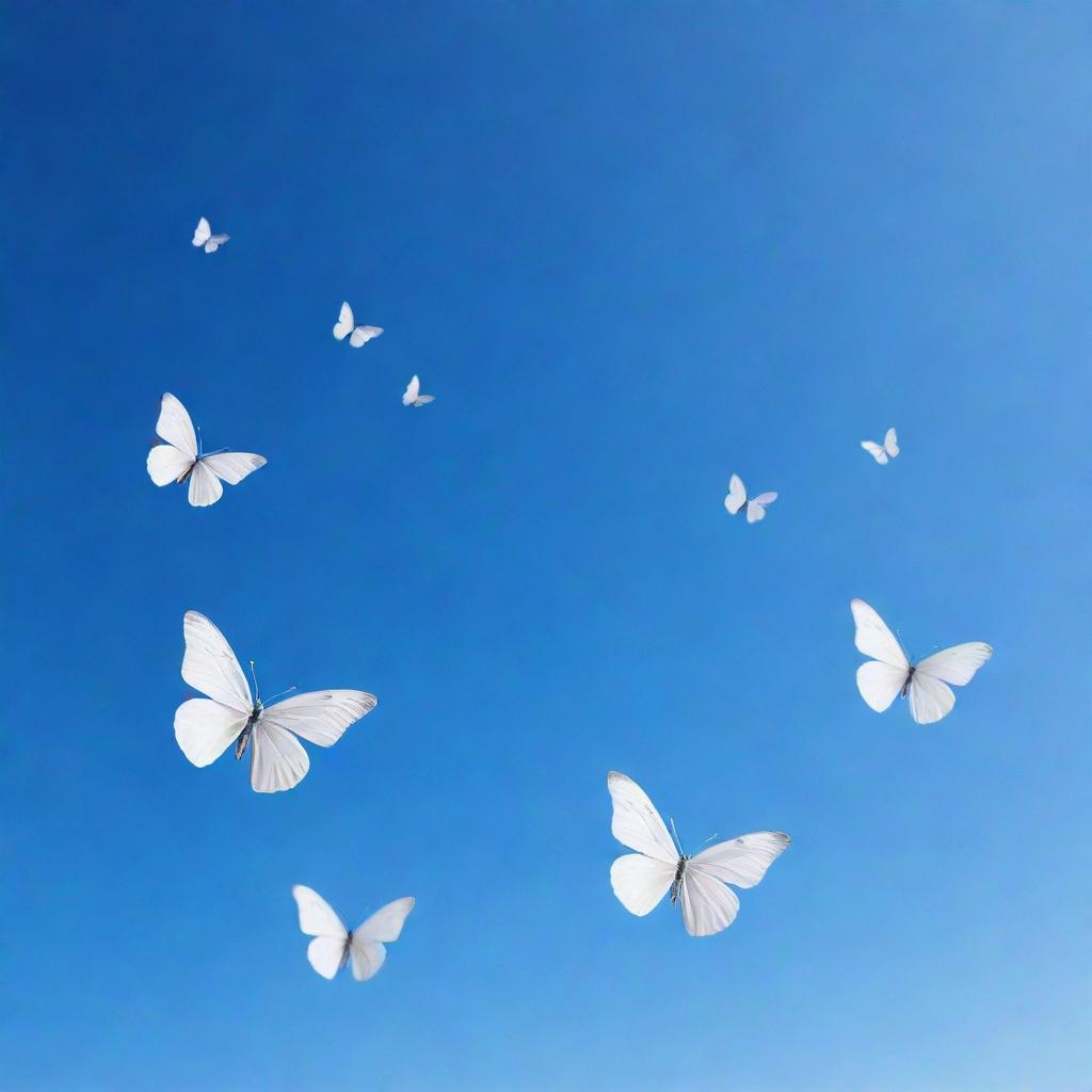 Elegant butterflies flying gracefully, forming the word 'Essence Tone' in the bright, clear sky.