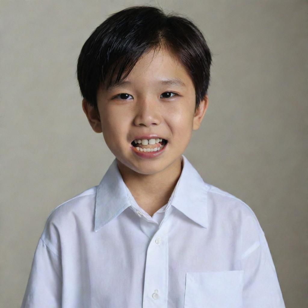 A young Korean boy wearing a loosely tied dress shirt with a collar opened to reveal vampire teeth.