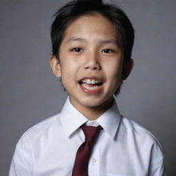 A young Korean boy wearing a loosely tied dress shirt with a collar opened to reveal vampire teeth.