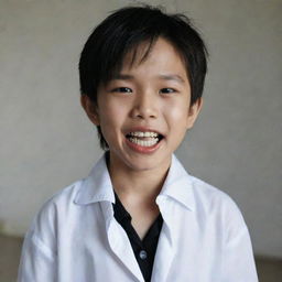 A young Korean boy wearing a loosely tied dress shirt with a collar opened to reveal vampire teeth.