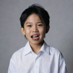 A young Korean boy wearing a loosely tied dress shirt with a collar opened to reveal vampire teeth.