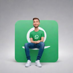 3D illustrated, modernly dressed, animated character sitting nonchalantly atop a WhatsApp logo, against the backdrop of a populated social media profile page with the username 'Adnan'.