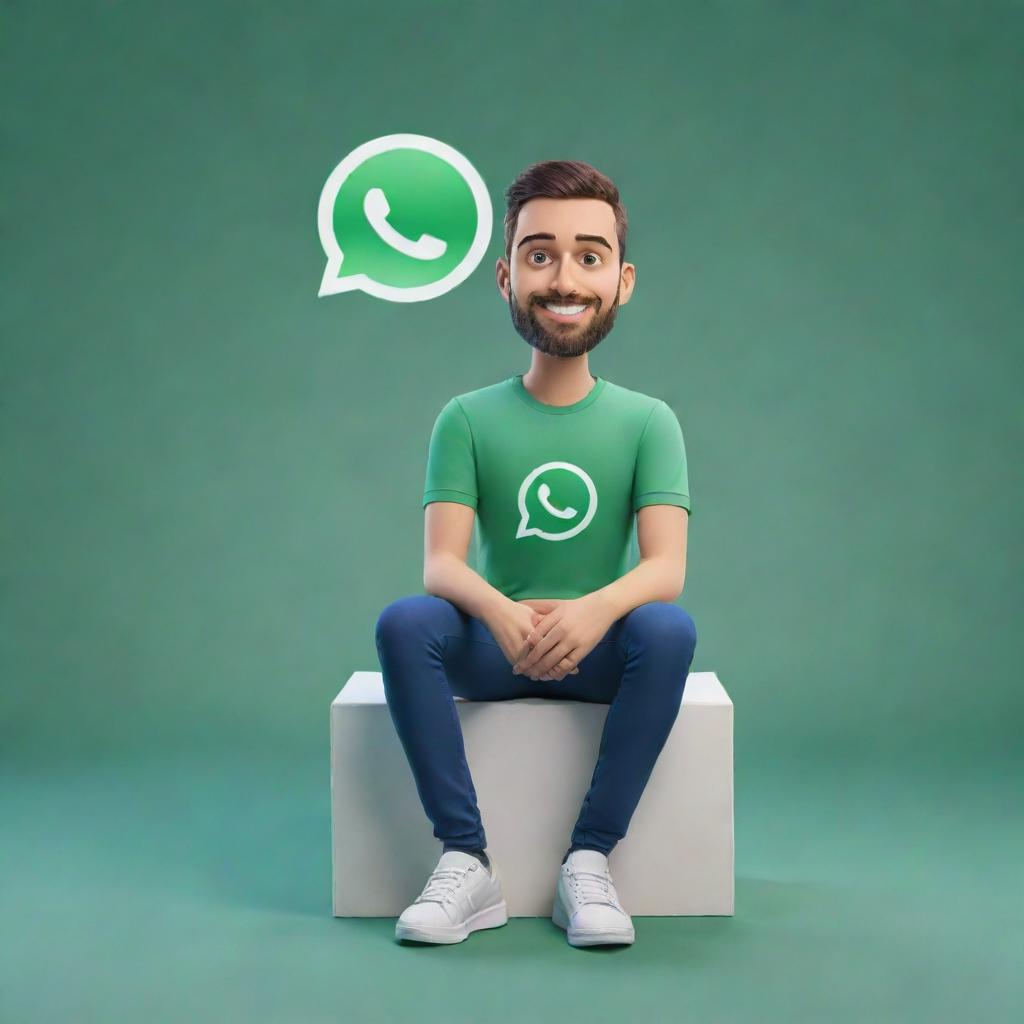 3D illustrated, modernly dressed, animated character sitting nonchalantly atop a WhatsApp logo, against the backdrop of a populated social media profile page with the username 'Adnan'.