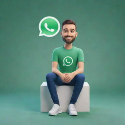 3D illustrated, modernly dressed, animated character sitting nonchalantly atop a WhatsApp logo, against the backdrop of a populated social media profile page with the username 'Adnan'.