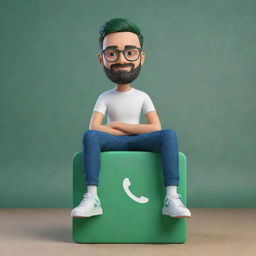 3D illustrated, modernly dressed, animated character sitting nonchalantly atop a WhatsApp logo, against the backdrop of a populated social media profile page with the username 'Adnan'.