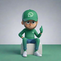 3D illustrated, modernly dressed, animated character sitting nonchalantly atop a WhatsApp logo, against the backdrop of a populated social media profile page with the username 'Adnan'.