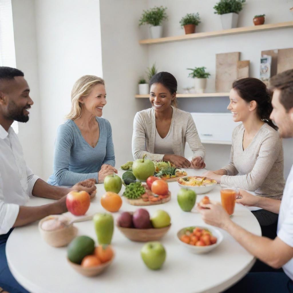 A diverse group of nutritionist's clients, ranging in age, fitness levels, and dietary needs, situated in an environment of a modern nutritionist's office.