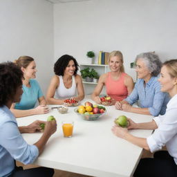 A diverse group of nutritionist's clients, ranging in age, fitness levels, and dietary needs, situated in an environment of a modern nutritionist's office.