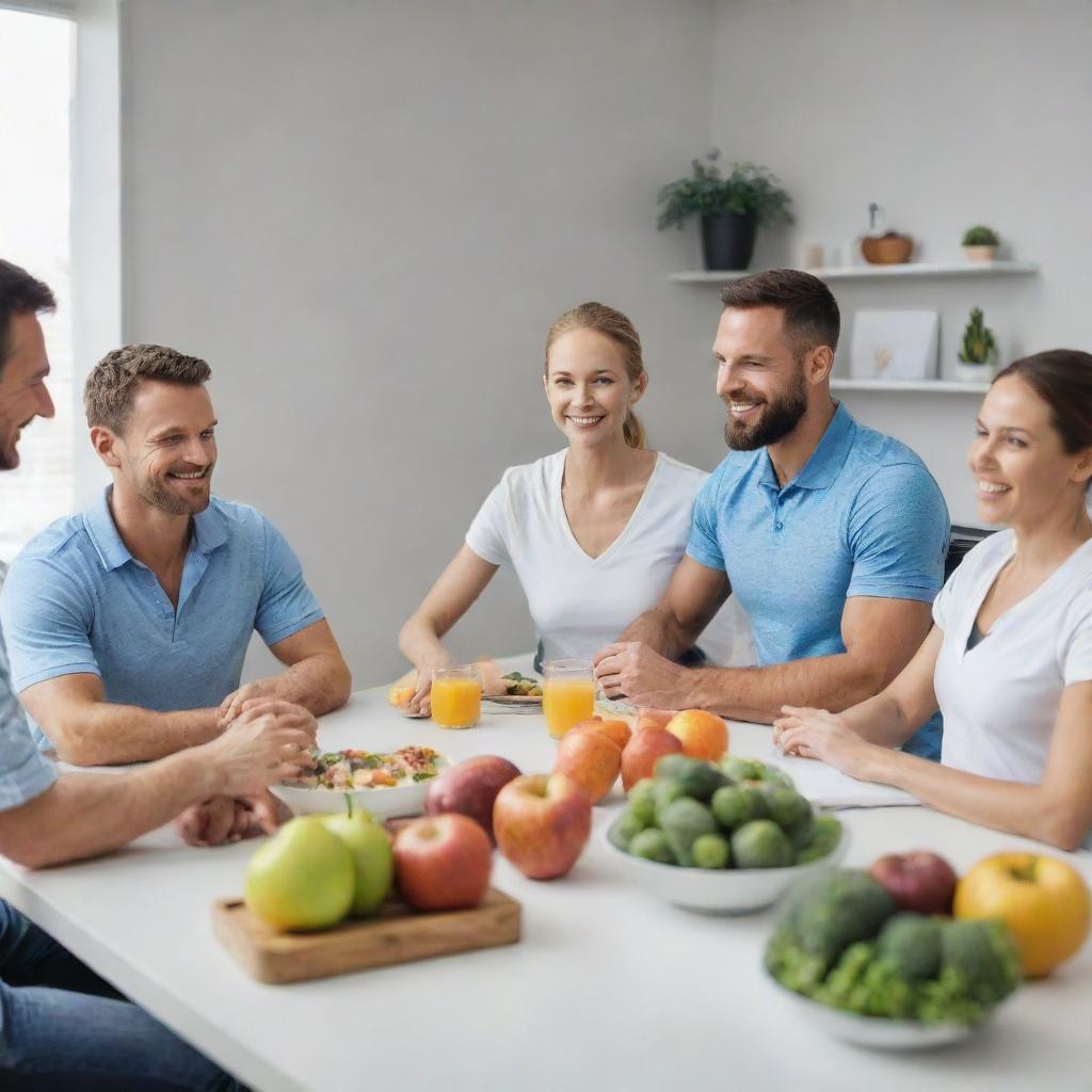 A diverse group of nutritionist's clients, ranging in age, fitness levels, and dietary needs, situated in an environment of a modern nutritionist's office.