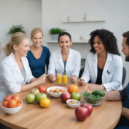 A diverse group of nutritionist's clients, ranging in age, fitness levels, and dietary needs, situated in an environment of a modern nutritionist's office.