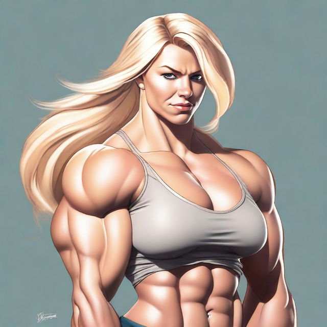 A high-quality digital art piece capturing a blonde, muscular woman showcasing her enormous biceps