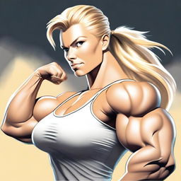 A high-quality digital art piece capturing a blonde, muscular woman showcasing her enormous biceps