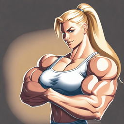 A high-quality digital art piece capturing a blonde, muscular woman showcasing her enormous biceps