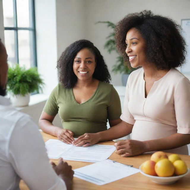 An expecting black woman engaged in a healthful conversation with a nutritionist in a professional, bright office space, the nutritionist providing advice on adequate prenatal nutrition.