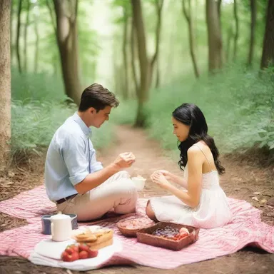 The couple enjoyed a romantic picnic in the shade of the underbrush, surrounded by the sounds of nature.