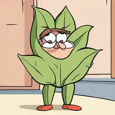In the cartoon, the character used a fig leaf as a prop to hide behind during embarrassing situations.