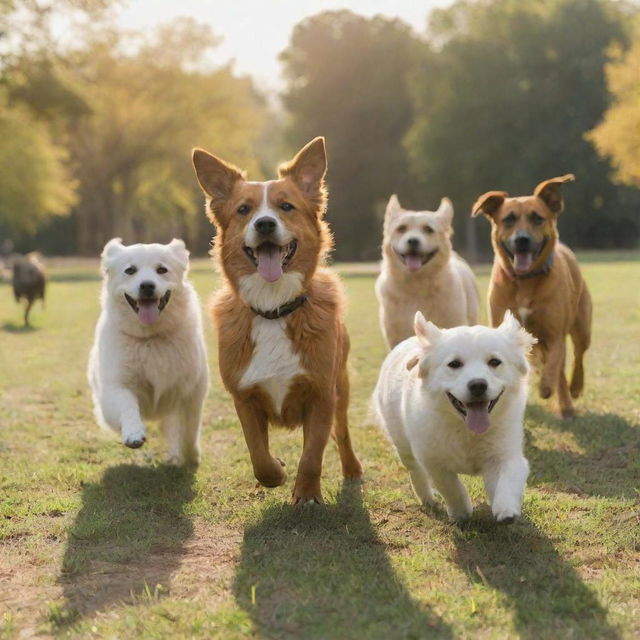 A group of happy and playful dogs of various breeds frolicking in a sunlit park.